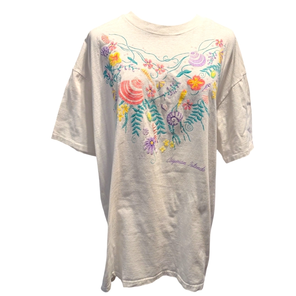 80s 90s Vintage Womens T Shirt Single Stitch Cayman Islands Floral Seashell